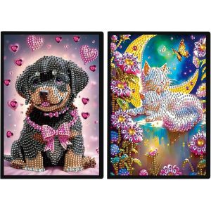 2 Pack Peinture Diamant Carnet De Notes A5 Chien Chat A5 Carnet Note Canevas Diamant Vierge Broderie Diamant Carnet De Croquis Journal Étudiant Fournitures Scolaires De Bureau (50 Feuilles) - Neuf