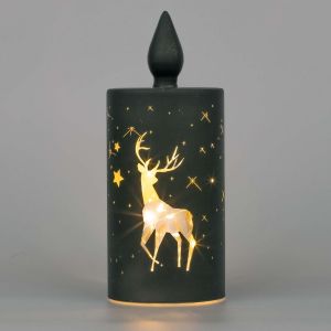 KAL-Lanterne De Noël Décorée De 27 Cm - Lampe De Table - Tube En Verre Gravé - Noir - Cylindre De Noël - Guirlande Lumineuse Led À Piles - Décoration De Table - Neuf