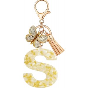 Loc-Porte-Cl&eacute;s Beige Avec Lettre Porte-Cl&eacute;s Fille Initiale Cadeau Femmes Porte-Cl&eacute;s Papillon D&eacute;corer Pour Sac Sac &Agrave; Dos Porte-Clef Gland Or Porte-Clef Femme A-Z - Neuf