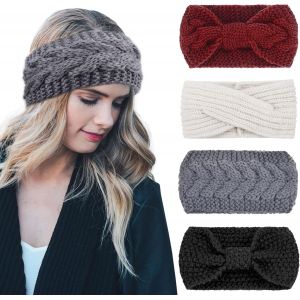 4 Pi&egrave;ces Bandeau Cheveux Pour Femme Bandeaux Hiver Serre-T&ecirc;te Tricot&eacute; Oreille R&eacute;chauffeur Chaud Nou&eacute; Bande Elastique Cheveux Pour Femmes Filles - Neuf