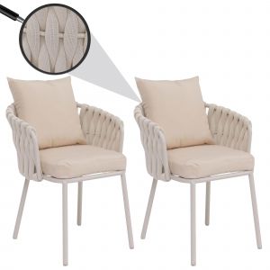 Lot de 2 chaises de salle &agrave; manger en aluminium HWC-P89, chaise d'int&eacute;rieur avec accoudoirs, tissu/textile (180 g/m&sup2;) tressage en cordecr&egrave;me - Neuf