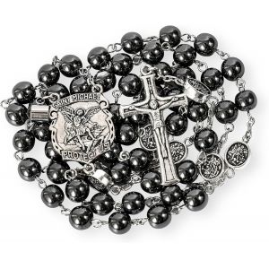 Kal-Store Chapelet En Hématite, Collier De Perles En Pierre Noire, Projection De La Médaille De Prière De Notre Père Avec Pièce Maîtresse De Saint Michel Et Crucifix - Neuf