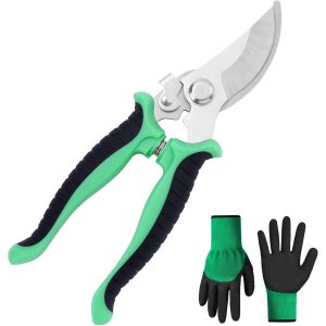 S&eacute;cateur &agrave; Lame Franche, S&eacute;cateur de Jardin, S&eacute;cateur Professionnel avec paire de gants, S&eacute;cateur pour Brindilles et Branches Bigneuses pour Tailler Jardins, Arbustes, Cl&ocirc;tures (Vert) - Neuf