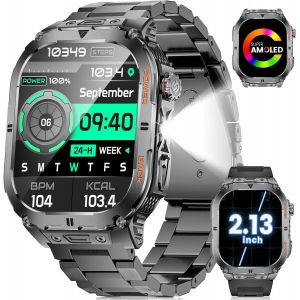 Montre Connect&eacute;e Homme Militaire,2.13'' AMO Grand &Eacute;cran avec Appels/450mAh Longue Autonomie Batterie/Lampe de Poche/2 Bracelet IP68 &Eacute;tanche Fr&eacute;quence Cardiaque/P&eacute;dom&egrave;tre Smartwatch pour Android iOS - Neuf