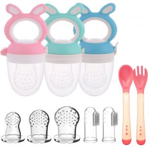 3pcs Sucettes De Fruits B&eacute;b&eacute;s Tetine A Fruit Bebe Mangeoire Pour B&eacute;b&eacute;s De Fruits Sans Bpa + 3 T&eacute;tines En Silicone En 3 Tailles + 2 Brosses &Agrave; Doigts Pour B&eacute;b&eacute; (3pcs Bleu+ Vert + Rose) - Neuf
