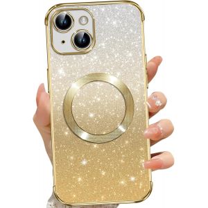 SJZG-Coque Magnétique Pour Iphone 15, Etui À Paillettes Compatible Avec Magsafe, Antichoc Charge Sans Fil Housse Pour Iphone 15, Avec 2 Verre Trempé, Doré - Neuf