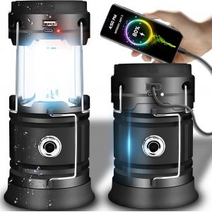 ERYI-Lanterne Camping Led, Entrée 230V, 6X Led, Batterie Intégrée Et Panneau Solaire, Eclairage Camping Etanche, Pour Camping, Bivouac, Pêche, Randonnée, Cave, Noir - Neuf