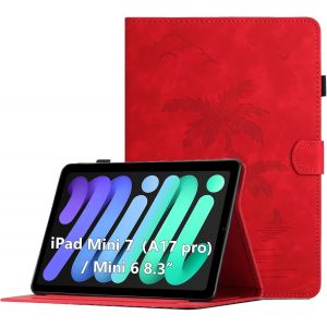 Kal-Coque Pour Ipad Mini A17 Pro 2024/ Ipad Mini 7 2024 / Ipad Mini 6 2021 8,3 Pouces Housse De Protection Multi-Angles Étui En Cuir Pu Avec Fente Pour Carte, Auto Réveil/Sommeil, Rouge - Neuf