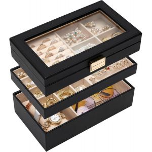 Tianyi-Plateau À Bijoux Empilable, Boîte À Bijoux Avec Couvercle En Verre, Séparateurs Amovibles Pour Coiffeuse, Idéal Cadeau Pour Filles Et Femmes (Noir, Xl) - Neuf