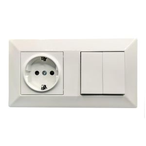 Prise Schuko 2P+T 16 A et double interrupteur commutateur, 230 V, d&eacute;coration murale int&eacute;rieure, facile &agrave; installer, avec cadre et m&eacute;canisme, polycarbonate blanc - Neuf