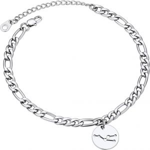 Kal-Bracelet De Cheville Femme Acier Inox/Plaqué Or Chaîne Figaro 5mm/22cm + Pendentif Rond Découpé Accessoire Du Pieds - Neuf
