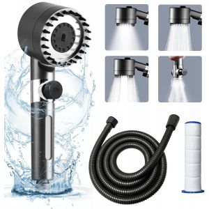 Pommeau de douche à économie d'eau, avec tuyau (1,5 m) et 2 filtres, pommeau de douche avec tête de massage, 4 modes, douchette amovible, avec cartouche filtrante de rechange, gris - Neuf