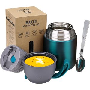 CMWS-Bo&icirc;tes Alimentaires Isothermes Repas Chaud Porte-Aliments en Acier Inoxydable &agrave; Double Couche pour Ecole Bureau avec Cuill&egrave;re, 500ml Vert - Neuf