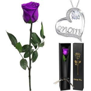 Rose Eternelle Cadeau Maman, Rose Eternelle avec Collier Maman, Fleur Coffret Cadeau Anniversaire Maman,Fleur Eternelle Rose Pr&eacute;serv&eacute;e avec Bijoux Cadeau Noel F&ecirc;te des M&egrave;res - Neuf
