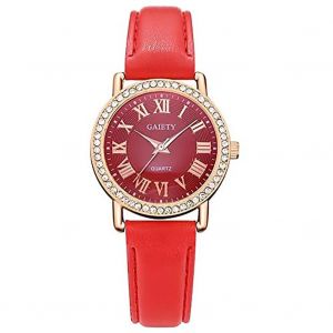 Gaiety Preppy Style Pu Cuir Bande Strass Cadran Montre-Bracelet Analogique Quartz Montre (Rouge) - Neuf