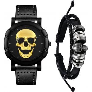 Lot De 2 Montres En Cuir Pour Homme-Motif T&ecirc;te De Mort-Dor&eacute;-Analogique-Quartz-Ensemble D'halloween-Steampunk Gothique-R&eacute;glable-Cadeau Pour Homme - Neuf