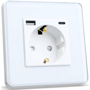 Prise Schuko Avec Interface De Charge Rapide Usb De 20 W (Max 4 A), Standard De L'Ue, 1 Compartiment Encastr&eacute; Avec Plaque En Verre Incurv&eacute; 2,5D, Prise Murale Blanche 86 X 86 Mm[DYB983822] - Neuf
