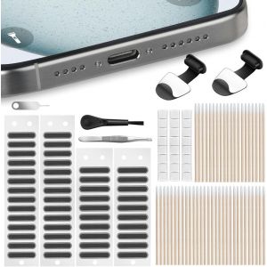 Kit Poussi&egrave;re De T&eacute;l&eacute;phone, 106 Pcs Adh&eacute;sive Bouchon Anti-Poussi&egrave;re Avec Aiguille Coinc&eacute;e, Tampons De Nettoyage Et Pince &Agrave; &Eacute;piler Compatible Pour T&eacute;l&eacute;phone Tablette &Agrave; Port Type C, Noir - Neuf