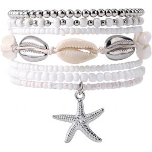 Eryi-Lot De 7 Bracelets Plage D'été, Empilables Étoiles Mer Coquillages Perles Style Surfeur Bijoux D'amitié Bohème Pour Femmes Accessoires Vacances Plage Et De Fête - Neuf