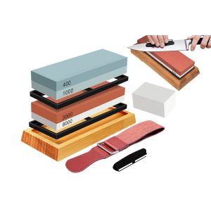 Ensemble De Pierres &Agrave; Aiguiser Pour Couteaux Whetstone 400/1000 3000/8000 Avec Socle En Bambou Et Accessoires - Neuf