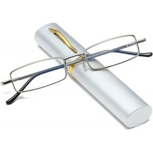 Lunettes de lecture fines avec tube pour homme et femme, anti-lumière bleue, petit lecteur à charnière à ressort avec étui portable à clip - Neuf