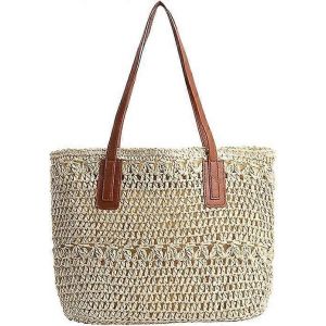 Sac à main en paille femme,sac de plage d'été en paille grand,sacs panier femme sac en paille avec bandoulière en cuir,sacs en paille Bohème tissé à la main,raf tressé - Neuf