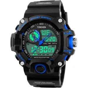 Montres Led Digital Sport Militaire 5atm Etanche L'eau &Eacute;lectronique Hommes Montre Bracelet Outdoor Quartz Analogique Double Cadran R&eacute;tro&eacute;clairage Calendrier 12h/24h Pour Homme Gar&ccedil;on (Bleu) - Neuf