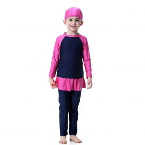Maillot De Bain 2 Pieces A Manches Longues Pour Fille (Bleu Marine 100 Cm) - Neuf