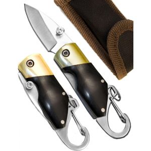 Mini Couteau Pliant-Sous Forme De Porte-Clés-Avec Mousqueton-11 Cm-Manche En Bois-Sac Avec Passant De Ceinture Inclus - Neuf