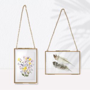 Fchhk-® 2pcs Cadres Photo Double En Verre Et Métal, 10 * 15cm, Cadre Verre Mural Transparent, Cadre Rectangulaire Pour Fleur Séchée, Photo, Figure, Carte, Certificat, Or - Neuf