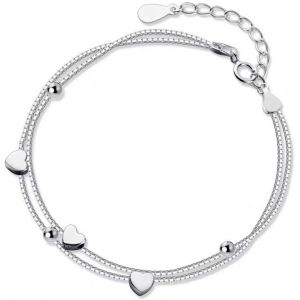 Bracelet En Argent Coeur Dames,Bracelet Femme Bijoux Cadeaux Argent,Bracelet En Couches Avec Pendentifs C?ur Double,Bijoux Cadeau Anniversaire - Neuf