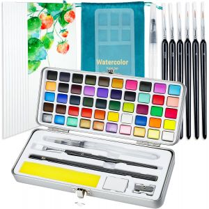 Mevronisshop-Palette D&iquest;Aquarelle En Godets 50 Couleurs &iquest; Bo&icirc;te M&eacute;tallique Portable &iquest; Classiques, M&eacute;talliques, Macarons & Fluorescentes &iquest; Set Avec Pinceau & 10 Feuilles &iquest; Id&eacute;al D&eacute;butants & Artistes - Neuf