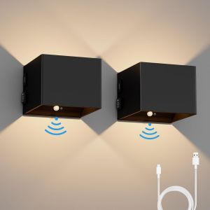 Senior-2pcs 5w Applique Murale Interieur &Agrave; Piles Avec D&eacute;tecteur De Mouvement Lampe Murale Sans Fil Avec Interrupteur Chambre Veilleuse Magn&eacute;tique Usb Rechargeable Batterie Lampe, 3000k, Noir[L880] - Neuf