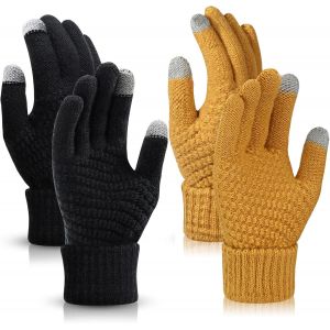 2 Pairs Of Women's Winter Knitted Gloves, Some Warm Gloves, Touch Screen Gloves With Fine Fleece Lining, Suitable For Leisure Activities, Black & White, One Size"".[J42] - Neuf