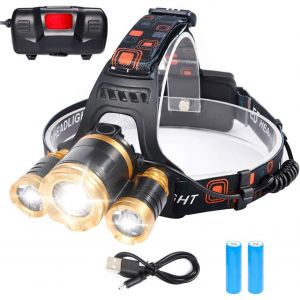 Lampe Frontale Rechargeable Led 1200lm,Torche Frontale Ip64 Étanche Zoomable 3 Modes Avec Câble Usb 2 Piles 18650 Avec Voyant Lumineux Pour Camping,Pêche,Vélo,Randonnée,5 Boucles Casque - Neuf