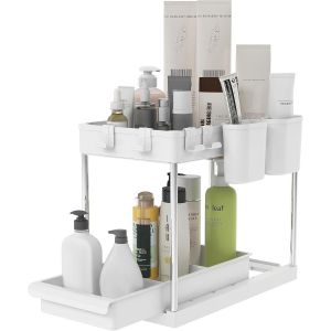 Chenquansarl-Mondeer Rangement Sous Évier, Coulissant Organ Ur Sous Évier, Multifonctions, 2 Niveaux, 4 Crochets Et 2 Porte-Tasses, Pour Bureaux Cuisines Salles De Bains, W22 X D40.7 X H32.5cm, Blanc - Neuf