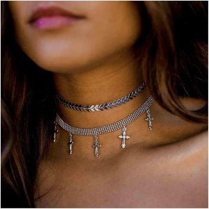 Kal-Punk Layered Cross Choker Collier Boho Fishbone Chaîne Collier Croix Gland Collier Chaîne Argent Chunky Chaîne Collier Bijoux Pour Femmes Et Filles - Neuf