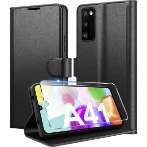 MEVRONISSHOP-Coque pour Samsung Galaxy A41 en Premium Cuir PU, Portefeuille Housse Etui pour Cartes Protection Anti-Choc Flip Case avec 1 Verre Tremp&eacute; Noir - Neuf