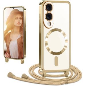 Sansh-Coque Avec Cordon Pour Samsung Galaxy S25 Edge, Coque Magnétique De Cellulaire Corde Transparent Silicone Étui En Galvanisé Avec Réglable Collier Téléphone Chaîne Lanyard Housse, Or - Neuf