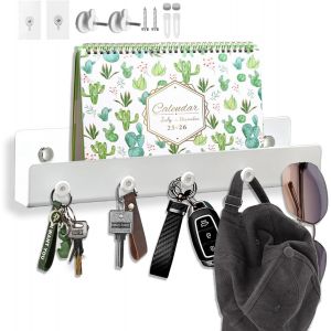 Porte Clef Mural en Métalavec 5 Crochets et Etagère, Trois Méthodes de Montage, pour Accrocher des Clés, des Manteaux, Parapluies, Lunettes de Soleil, Chaînes de Bijoux. Blanc - Neuf