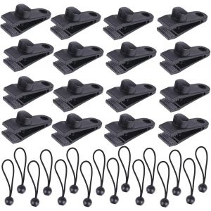 Chenquansarl-Lot De 16 Clips De B&acirc;che + 16 Tendeurs En Caoutchouc Avec Boules De 15 Cm &iquest; Accessoires De B&acirc;che De Tente &iquest; Clips De Fixation De B&acirc;che, Tendeurs De B&acirc;che, Kit De Clips Pour Auvent De Cam - Neuf