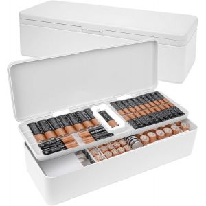 Bo&icirc;te de rangement pour piles avec d&eacute;tection de quantit&eacute; &eacute;lectrique, support de batterie pour 50 AA, 46 AAA, 19 piles boutons (blanc) - Neuf