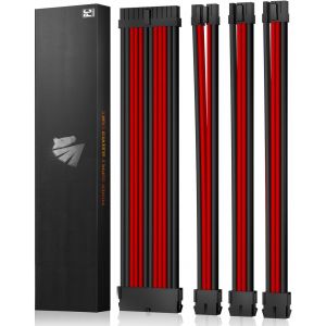 Extension de câble PSU, Kit de câbles gainés pour GPU/CPU, Rallonge de câble d'alimentation 16AWG avec Peignes de câble, 24PIN/(6+2) PIN/(4+4) PIN, 30CM, Noir+Rouge - Neuf