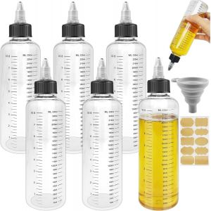 MEVRONISSHOP-6 Pcs Bouteille Sauce 250ml, Flacon Vide Vinaigrette, Transparente Squeeze Bottle avec Échelle, Recipient Sauce, Fiole Plastique avec Bouchon à Pointe et Entonnoir, pour les Liquides, Hu - Neuf