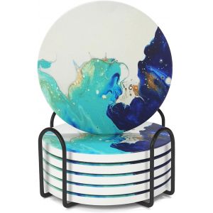Tianyi-Lot De 6 Sous-Verres En Céramique Absorbants Avec Support, Base En Liège, Adaptés À Tous Les Types De Tasses, Verres, Tasses, Dessous De Verre En Marbre, Bleu - Neuf