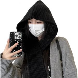 Jexnovashop-Bonnets Tricot&eacute;s Pour Femmes D'hiver Avec Bonnets En Polaire &Eacute;charpe 2 En 1 Fin Bonnet D'hiver Homme Chaud Chapeau Couleur Pure Grande Taille A Une Casquette Profonde 54-62 Cm - Neuf