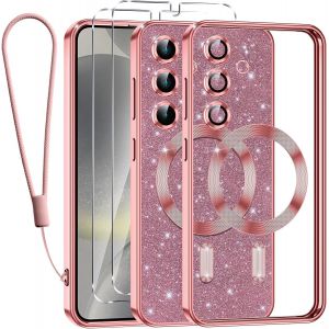 SJZG-Glitter Magn&eacute;tique Pour Samsung Galaxy S24 Plus 5G Con Cordon, [Compatible Avec Magsafe] Antichoc Brillant Paillet&eacute; Souple Couqe Pour Samsung S24 Plus 5G Avec 2 Pi&egrave;ces Verre Tremp&eacute; &Eacute;tui, Rose - Neuf