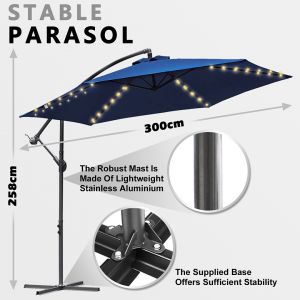 Parasol &Oslash;3m Uv40+ Avec Led Solaire Orientable Parasol De Jardin Manivelle Parasol Aluminium,Bleu - Neuf