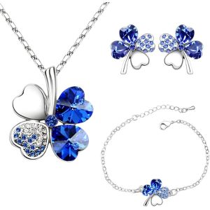 Eryi-Collier Trefle Boucles D'oreilles Trèfle À Quatre Feuilles Bracelets Réglable Pendentif Chaîne Ensemble De Pêche Coeur Strass Cristal Incrusté Bijoux Pour Filles Femmes - Neuf