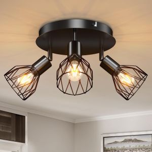 Kal-Plafonnier 3 Spots Orientables, Spot De Plafond Noir Avec 3 Spots Pivotants Et Orientables Douille E14, Rampe De Spots Un Design Rétro Pour Chambre Séjour Couloir Café, Sans Ampoule, Max. 40w - Neuf